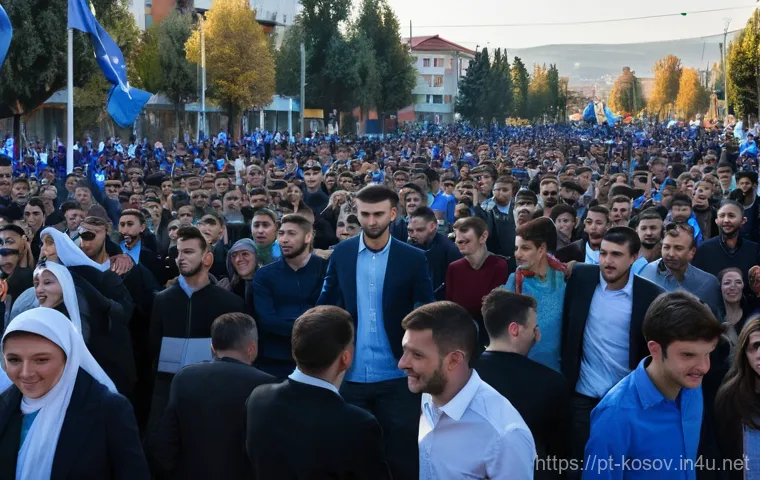 코소보 독립 과정 - A diverse crowd of Kosovar citizens—families, young adults, and elders, all dressed in appropriate, ...