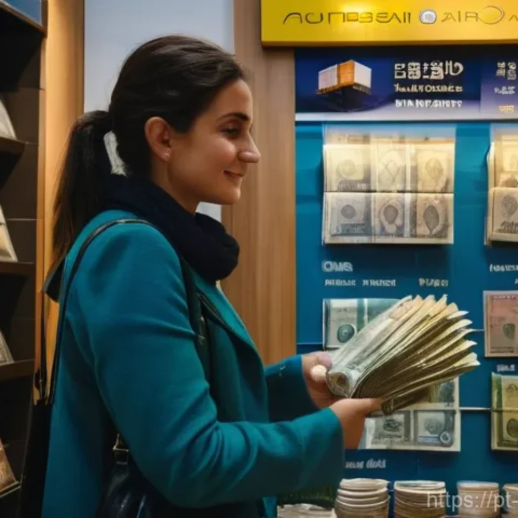 코소보 화폐와 환전 방법 - **Prompt:** A Portuguese female traveler in her late 20s confidently uses Euro banknotes to pay for ...