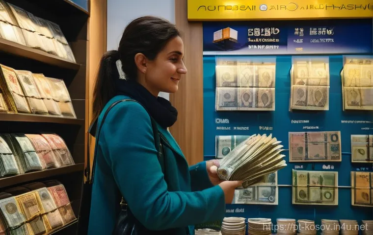 코소보 화폐와 환전 방법 - **Prompt:** A Portuguese female traveler in her late 20s confidently uses Euro banknotes to pay for ...
