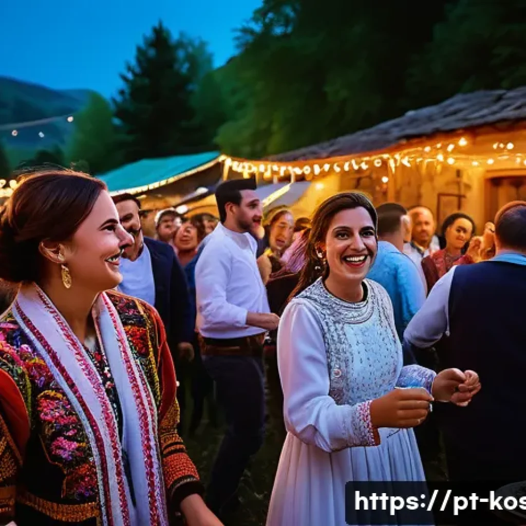 코소보에서 자원봉사 하기 - A vibrant scene of a Kosovo village wedding celebration blending Albanian, Serbian, and Turkish cult...
