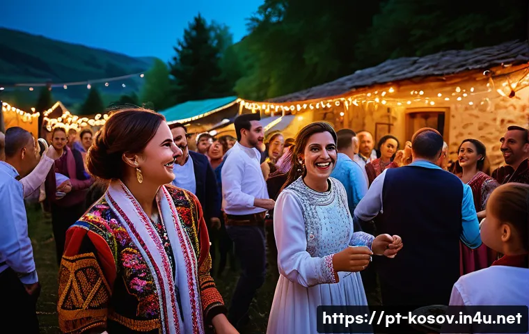 코소보에서 자원봉사 하기 - A vibrant scene of a Kosovo village wedding celebration blending Albanian, Serbian, and Turkish cult...