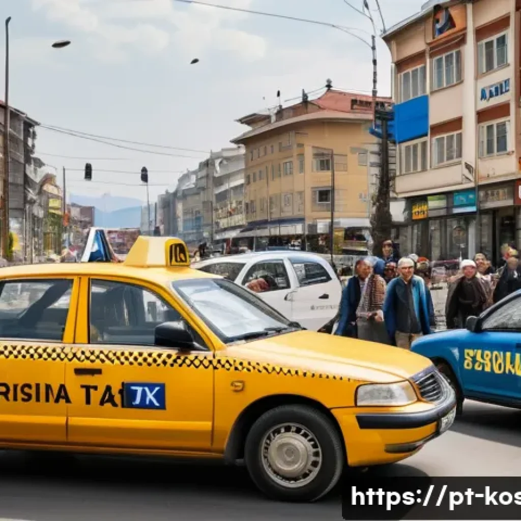 코소보에서 택시 타는 법 - A bustling street scene in Pristina, Kosovo, showing official yellow taxis with visible license stic...