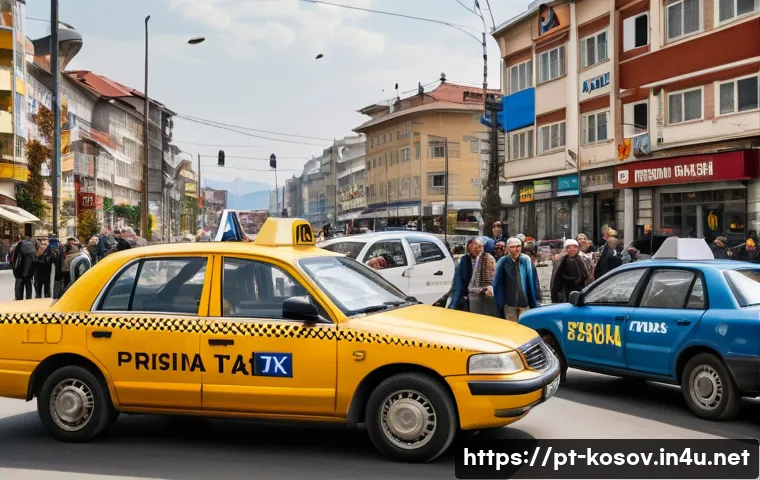 코소보에서 택시 타는 법 - A bustling street scene in Pristina, Kosovo, showing official yellow taxis with visible license stic...