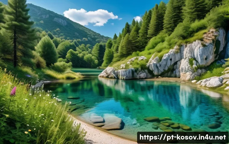 코소보에서 수영할 수 있는 곳 - A serene hidden mountain lagoon in Kosovo surrounded by lush green pine forests and rugged rocky cli...