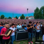 Home 21 코소보 유명 인물 - A vibrant scene of a Kosovo music festival in Pristina, featuring young Albanian musicians blending ...