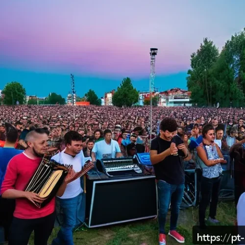 Home 33 코소보 유명 인물 - A vibrant scene of a Kosovo music festival in Pristina, featuring young Albanian musicians blending ...