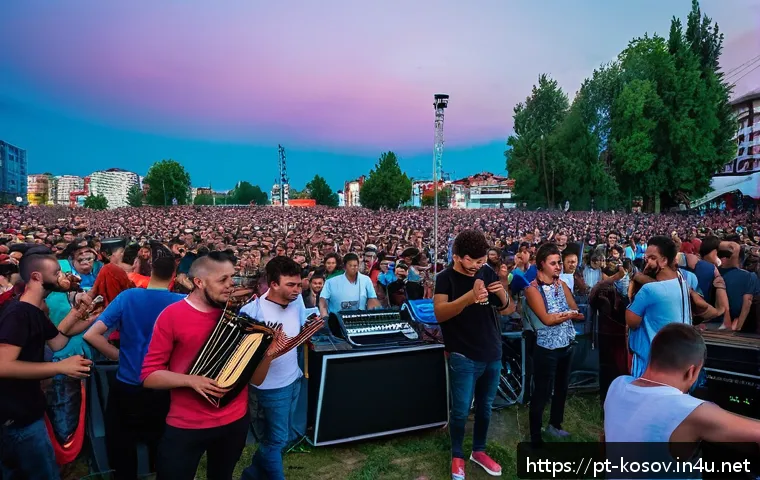 코소보 유명 인물 - A vibrant scene of a Kosovo music festival in Pristina, featuring young Albanian musicians blending ...