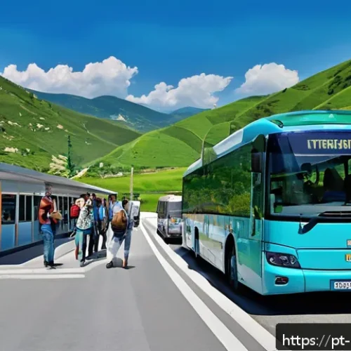 Home 32 코소보에서 마케도니아 가는 법 - A detailed scene of a modern intercity bus traveling from Kosovo to Macedonia, crossing a well-maint...