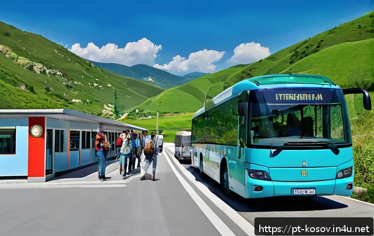 코소보에서 마케도니아 가는 법 - A detailed scene of a modern intercity bus traveling from Kosovo to Macedonia, crossing a well-maint...