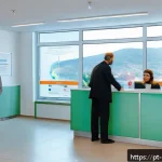 Home 19 코소보에서 의료 보험 가입하기 - A modern healthcare clinic reception area in Kosovo, showing diverse families consulting with friend...