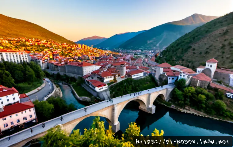 코소보에서 사진 찍기 좋은 장소 - Photorealistic golden-hour view of Prizren, Kosovo, from the ancient hilltop fortress, red-tiled roo...