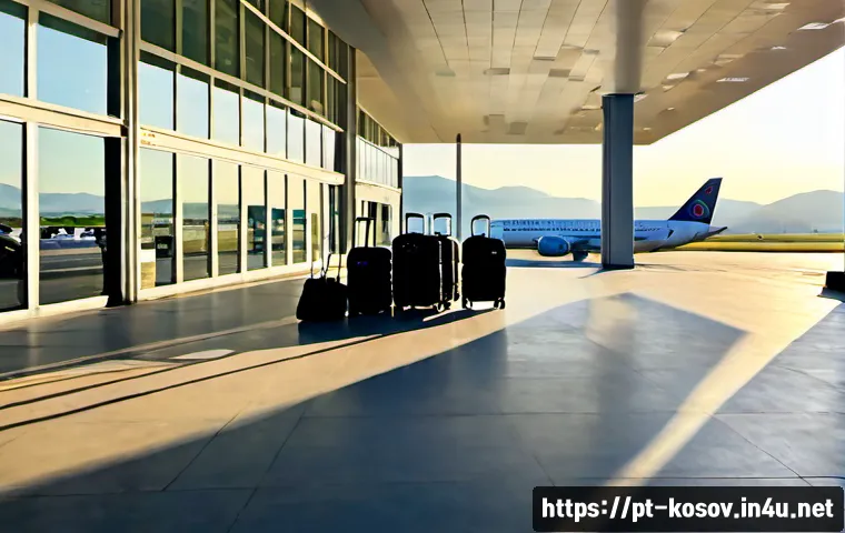 코소보 공항 정보 - Photorealistic wide exterior of a modern Balkan international airport terminal in Kosovo at sunrise,...