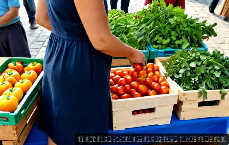 Home 17 코소보에서 유기농 식품 구매하기 - Photorealistic morning scene at a traditional farmers market in Pristina, Kosovo, an adult shopper s...