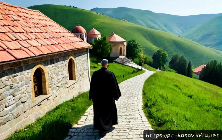 Home 17 코소보와 정교회 문화 - Photorealistic travel scene of a Serbian Orthodox monastery in Kosovo, weathered stone church with r...