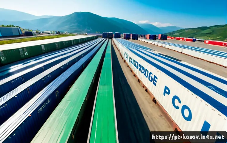 코소보 수출입 현황 - Photorealistic wide-angle view of a modern Balkan freight terminal in Kosovo, orderly rows of unbran...