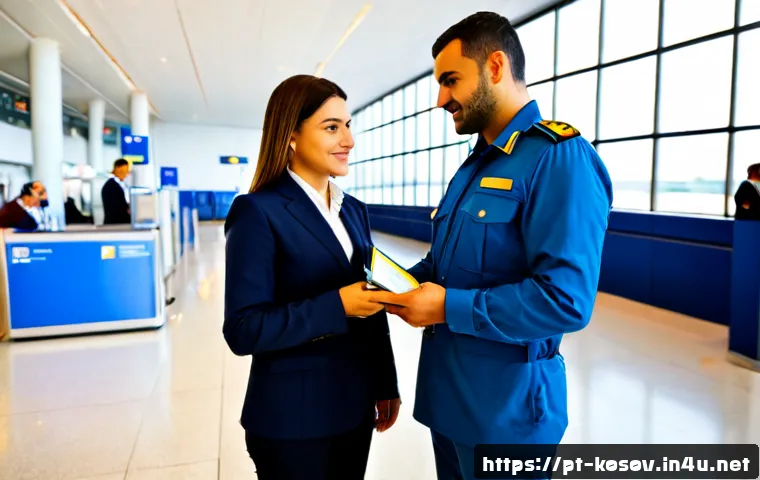 Home 17 코소보 비자 및 입국 규정 - Photorealistic travel entry scene at a modern Balkan airport immigration desk, a Portuguese-speaking...