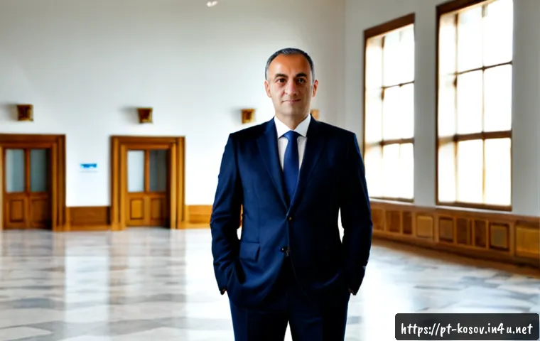 코소보 출신 정치인 - Photorealistic portrait of a Kosovo-born politician in a tailored navy suit, standing confidently in...